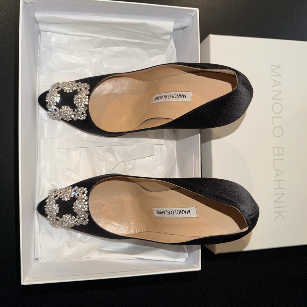 Manolo Blahnik Black Satin Heels with Embellishments - Picture 1 of 5